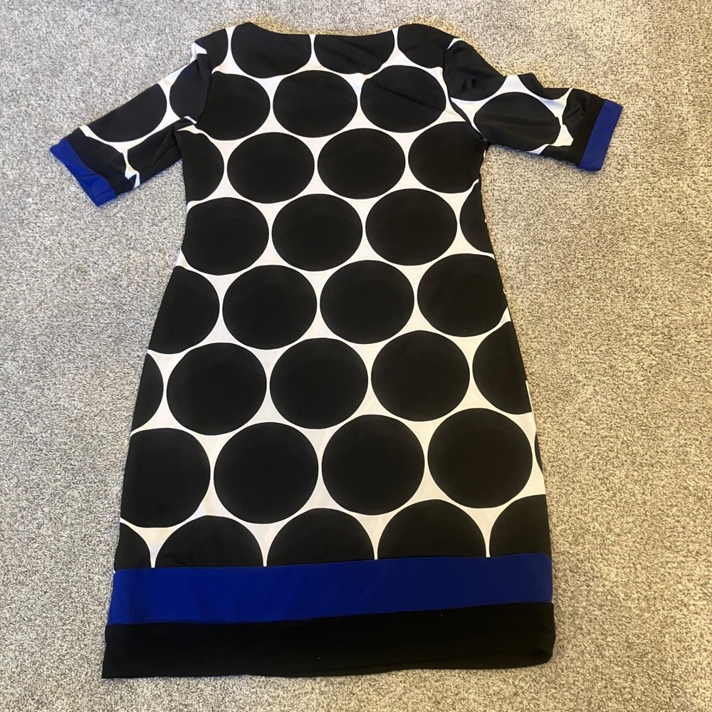Madison Leigh Polka Dot Sheath Dress Black White Blue 6 Short Sleeve Stretch Mod